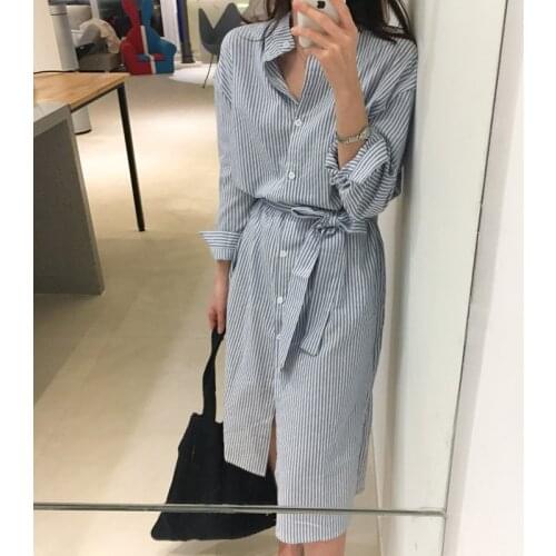 BGTEEVER Casual Striped Full Sleeve Single-breasted Women Dress Elegant V-neck Lace Up Female Midi Dress Beach Vestidos Femme