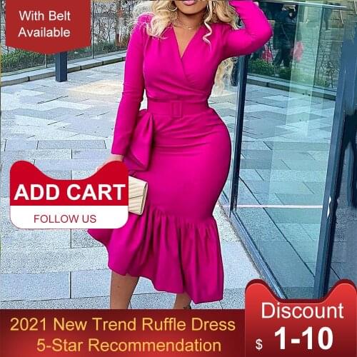Rose Women Asymmetric Ruffle Midi Dress Sexy Spring High Waist Falbala Mermaid Dresses Robe Femme Vestiods Elgant Party Dinner