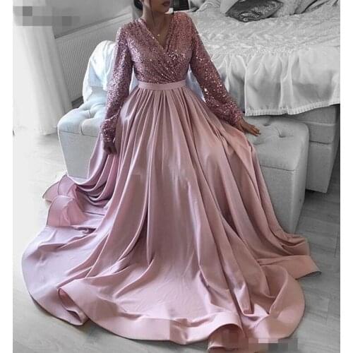 Pink V-Neck Long Sleeves Formal Dresses Women Elegant Sequin Bodice Satin Skirt A-Line Plus Size Evening Dresses Robe Soiree