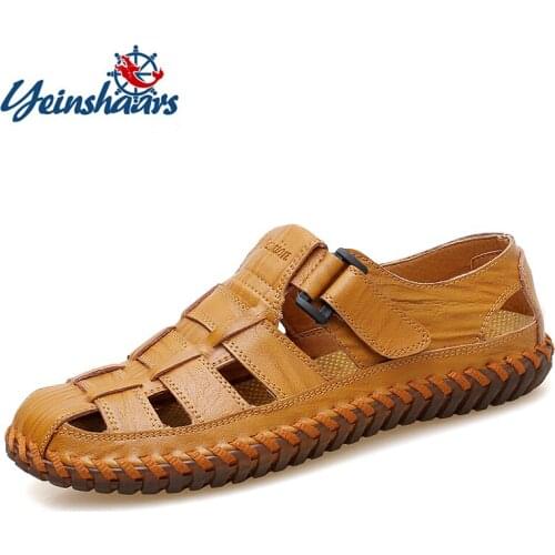 YEINSHAARS Men Cow Leather Sandals Outdoor Summer Handmade Men Shoes Men Breathable Casual Shoes Footwear Walking Sandals