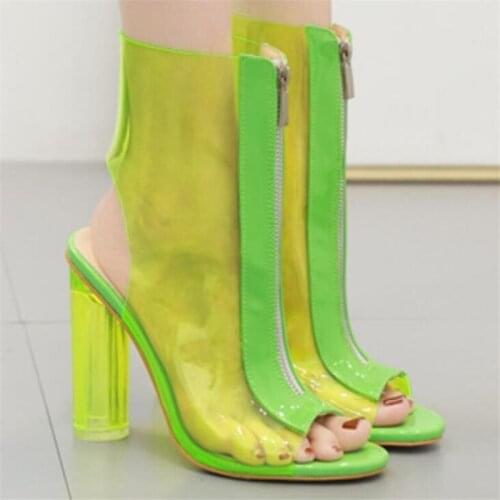 Women shoes Sandals PVC Slip On Thick heel 12cm Peep Toe Shallow transparent High heels front zipper fish mouth female sandals