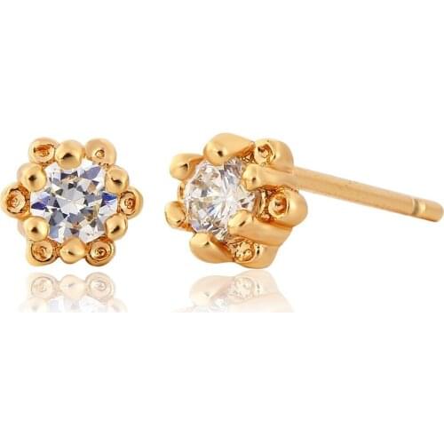 Cute Floral Flower Mini Tiny Small Round CZ Yellow Gold Color Stud Earrings for Women Girls Children Kids Baby Jewelry Aros