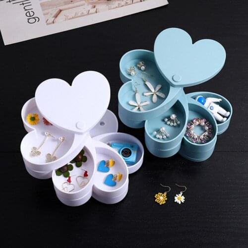 4 Layers Rotating Jewelry Box Plastic Love Heart Shape Comfortable Touch Mini Display Jewelry Organizer Boxes Rings Earring Case