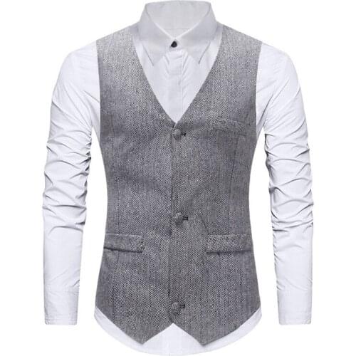 Light Grey Herringbone Tweed Vest Men 2020 Brand New Slim Fit V Neck Vests Waistcoat Men Formal Business Wedding Vest Male Gilet