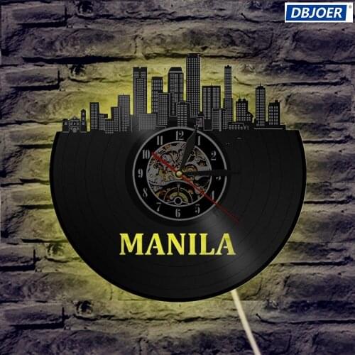 LED Record Art Manila Vinyl Wall Clock City Skyline Personalized Decor LED Night Light