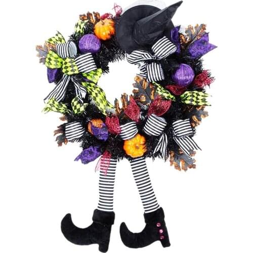LUDA Halloween Wreath Decoration Retro Halloween Witch Legs Pumpkin Maple Leaf Decoration Wreath Home Party Props Decoration