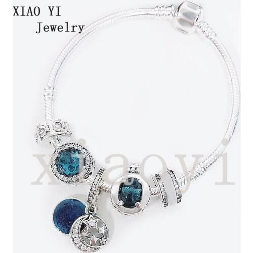 XIAOYI 2020 new 100% s925 Blue Star Moon crown cats eye clasp uses moon and star as Amulet Bracelet to send girlfriend female
