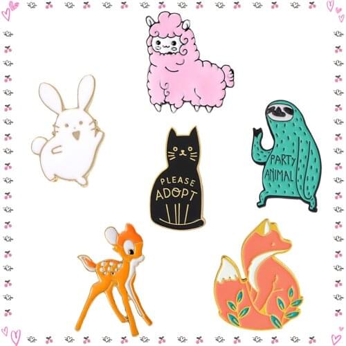 Funny Animal Enamel Pins Cute Rabbit Fox Sloth Deer Cat Sheep Brooches Lapel Pin for Kids Creative Clothes Backpack Metal Badges