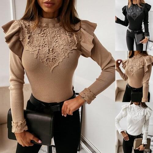 Women Fashion Autumn Long Sleeve Ruffle Lace Patchwork Blouse Slim Bottom Top Womens Clothing блузка женская ropa de mujer 2020