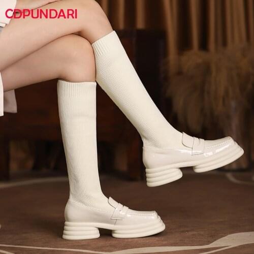 Black White Genuine Leather Platform Knee High Boots Women Autumn Winter High Heels Sock High Boots Shoes Bottes Plateforme