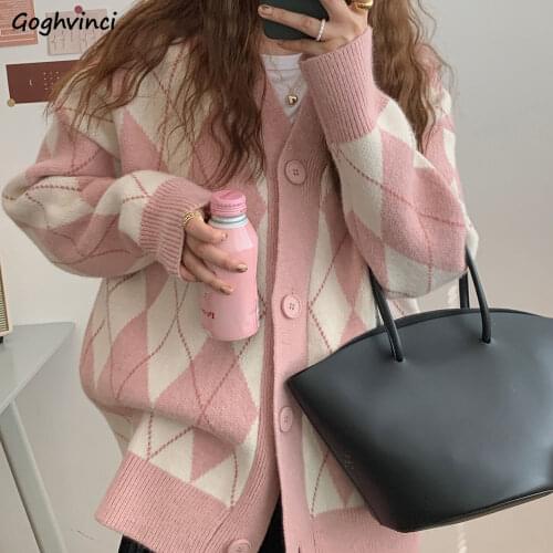 Cardigan Women Argyle Loose Preppy Style Single Breasted Students V-neck Lovely Girlish Korean Knitwear Popular All-match Basic