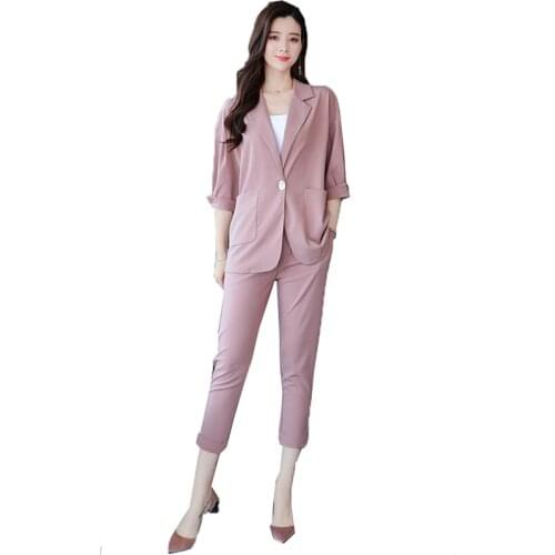 Womens Suit 2019 Missing Angle Suit Collar & Elastic Waist Pants Two-Piece Suit Spring Autumn Fashion Big Size Casual Suit