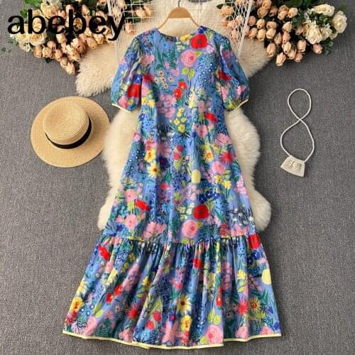 Women Fashion Print Dress Korean Puff Sleeve O Neck Loose Casual Dresses 2021 Summer Bohemian Vacation Long Sundress
