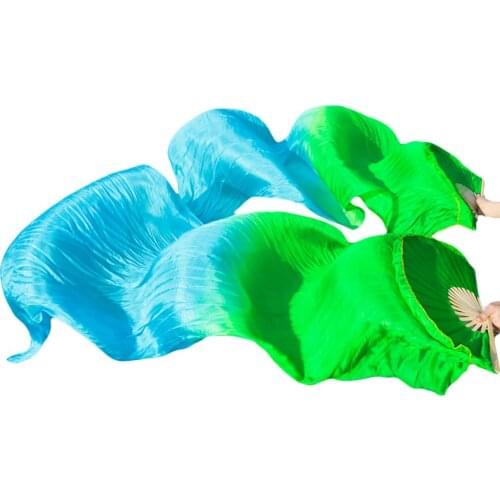 100% Real Silk Veils 1 Pair Left+Right hand Handmade Dyed Unisex Silk Belly Dance Fans Dance Performance Props Green+turquoise