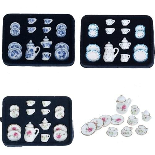 15Pcs 1/12 Miniature Kitchen Flower Patten Porcelain Coffee Tea Cups Ceramic Tableware Accessories