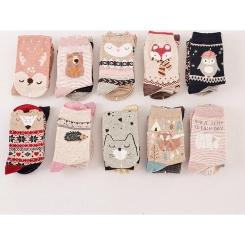 2 Pairs/Lot Winter Autumn Womens Cotton Cartoon Cute Sox for Female Girl Warm Funny Cat Fox Owl calcetines gifts meias
