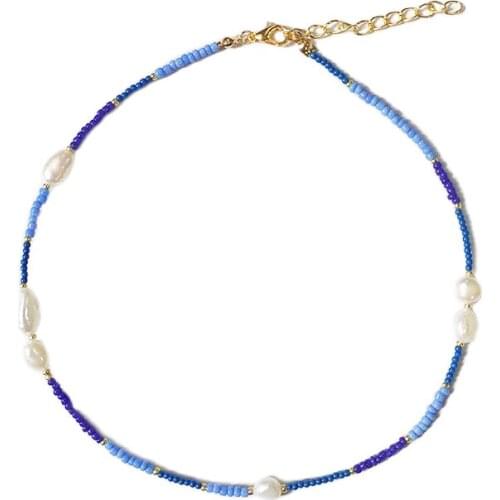 2021 Trendy Blue Rice Bead Necklace Irregular Natural Freshwater Pearl Embellishment For Women Exquisite Charm Short Jewelry