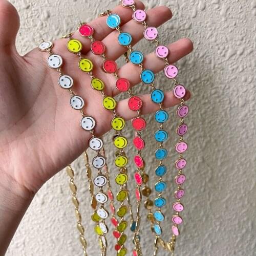 3Pcs Latest Popular Colorful Enamel Happy Smiley face chain necklace,Rainbow Smile necklace link chain,For Women Girl Jewelry
