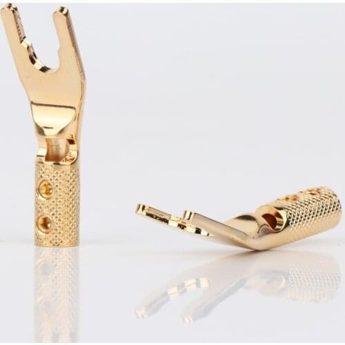 8Pcs Pure Copper 24K Gold Plated Spade Plug Speaker Cable Fork Plug Screw Locking Spade Connector Terminal Plug Adapter