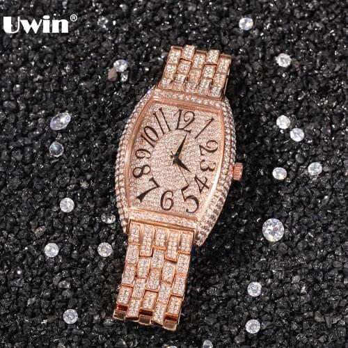 UWIN Mens Quartz Watch With CZ Recutangle Glass Iced Out Cubic Zirconia Watche Stainless Steel Belt Hiphop Jewelry Dropshipping