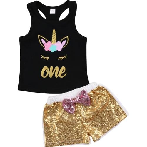 Pudcoco Toddler Kids Baby Girls Summer Unicorn 2pcs Clothes Cotton Sleeveless T-shirt + Sequins Shorts Set Outfit