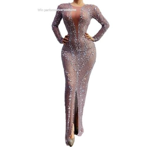 Luxury Crystal Mesh Perspective Long Dress Evening Prom Party Rhinestones Dresses Birthday Celebrate Outfit Stage Costume