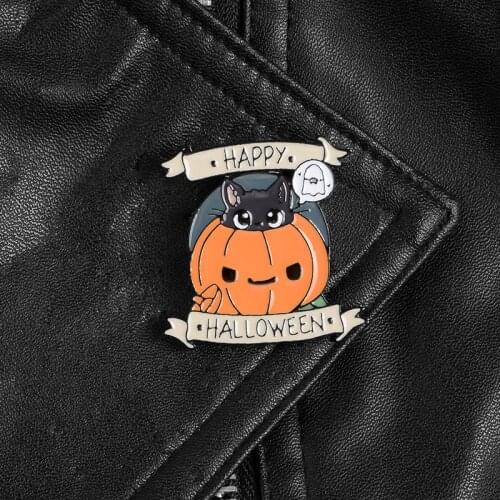 Happy halloween pumpkin Enamel Pin Custom Cute black cat Lapel Pins Cartoon Badges Clothes Jackets bag jewelry Gift for Friends