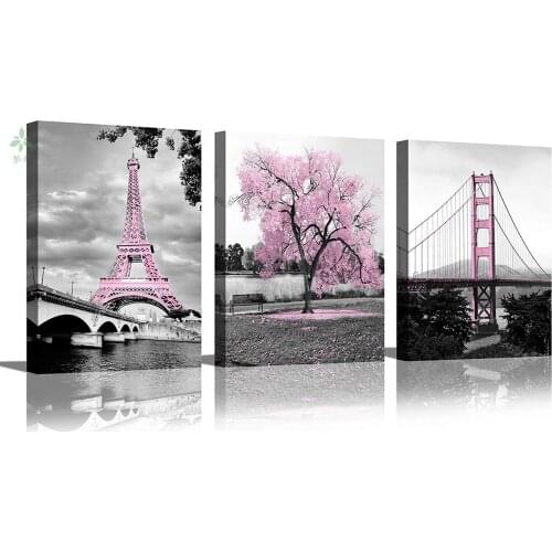Pink Tree Paris Eiffel Tower Golden Gate Bridge Romantic City Prints Oil Painting On Canvas For Living Room Decor
