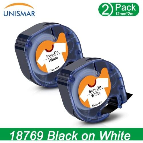 Unismar 2PK 12mm 18769 Fabric Iron-On Cloth Label for Dymo LetraTag 18768 18771 Tape Black on White for LT-100H LT-100T Printer