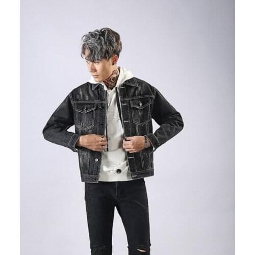 Korean Slim Fit Men Denim Jackets Fashion Chic Letter Embroidery Lapel Single Breasted 100% Cotton Jeans Coats Male Streetwear