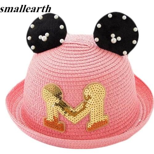 Summer Baby Straw Hat Baby Girls Beach Cap Child M Letter Ears Sun Hat For Girls/Boys Kids Summer Cap Children Bucket Hat Unisex