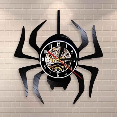 Spooky Spider Araneid Halloween Party Wall Decor Black Widow Spider Art Wall Clock Vinyl Record Clock Animals Modern Wall Art