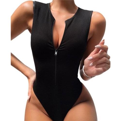 New 2021 Summer Women Zipper Front Solid Sleeveless Slim Rompers Bodysuit Plunge Sleeveless Sexy Solid Playsuit Jumpsuits