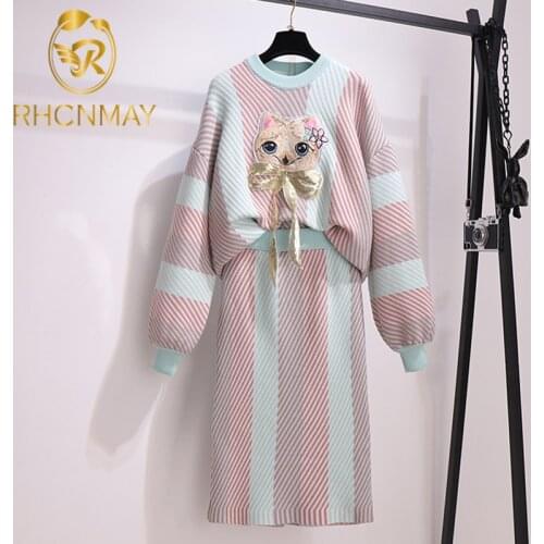 Autumn Winter Sweater Dress Two-Piece Suit Skirt Embroidered Bow Round Neck Sweater Knitted Skirt Color Matching Threaded Skirt