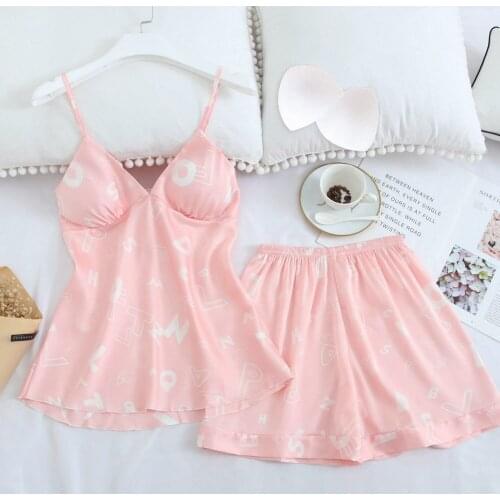 Pink Print Letter 2PCS Faux Silk Bride Wedding Pajamas Set Sexy Strap Top Nightdress Loose Home Wear Lady Summer M-XL Sleepwear