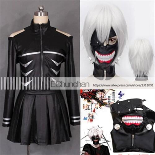 Full set Tokyo Ghoul Kaneki Ken Girl Uniforms Female Ken Kaneki Cosplay Costume Jacket + Skirt + Stockings+Mask+Wig