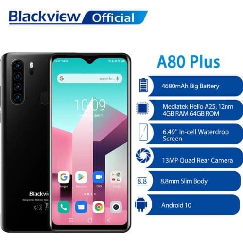 Blackview A80 Plus Smartphone Octa Core Phone 13MP Quad Camera 4GB RAM+64GB ROM 4680mAh Battery Android 10 NFC 4G Mobile Phone
