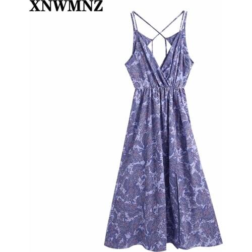 XNWMNZ Women 2021 Fashion Paisley Print Front Vents Midi Dress Vintage Backless Elastic Waist Thin Straps Female Dresses Mujer