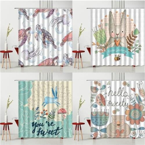 Cartoons Shower Curtain Set Sea Turtle Rabbit Bear Child Bedroom Curtain Bathroom Decoration Waterproof Polyester Fabric