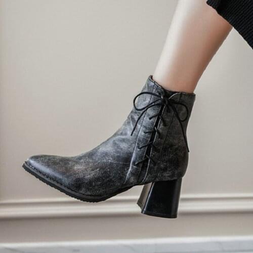 ZawsThia 2020 winter new chunky high heels pointed toe martin ankle boots for woman lace up motorcycle boots plus size 44 45 46