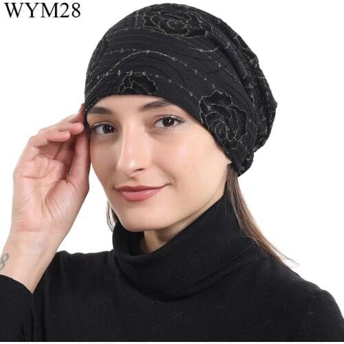 Womens Cotton Soft Slouchy Caps Beanie Rose Flower Print Hip-Hop Stretchy Sleep Cap Beanie Caps