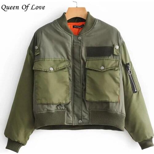 2021 Autumn Winter Long Sleeve Cropped Jacket Women Fashion Streetwear Zipper Big Pocket Bomber Jackets And Coats Outwear Y2K