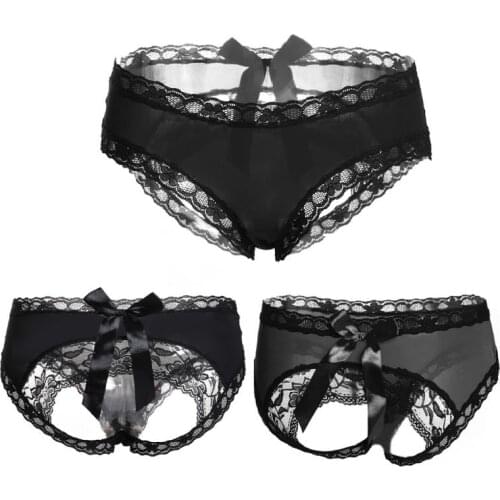 Women Erotic Sexy Open Butt Panties Big Bowknot Back Floral Lace Trim Lingerie Underwear Low Rise Semi Crotchless Briefs
