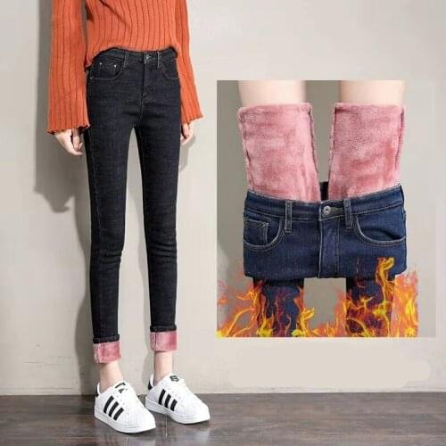 2020 Band Thick Warm Winter Jeans for Women Female High Waist Skinny Trousers Stretch Velvet Denim Pants Streetwear