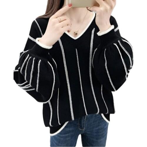 Neploe Autumn Winter 2021 New Knitted Sweater Women Loose wild Fashion V Neck Striped Pullover Patch Pull Femme lady Top 46650