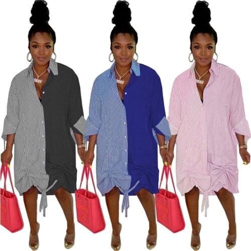 Women Fashion Long Sleeve Shirt Dress Striped Print Patchwork Autumn Knee Length Turn Down Collar Casual Loose Drawstring Dress