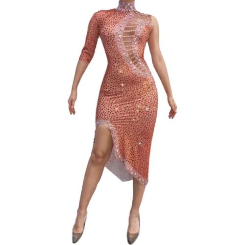 Orange and White Color Ladies One Sleeve Sexy Bodycon Mid-calf Dress Rhinestones Fashion Bar Singer Performance Stage Wear