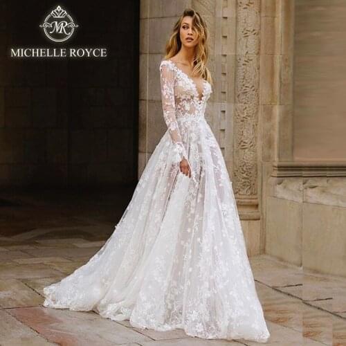 Michelle Royce A-Ling Wedding Dresses 2020 Sexy V-Neck Long Sleeve Appliques Illusion Backless Chapel Train Vestido De Noiva