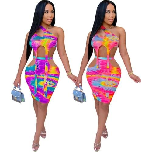 ZKYZWX Tie Dye Two Piece Club Outfits Hollow Bandage Crop Top Sexy Summer Dresses Night Clubwear for Women Beach Matching Sets