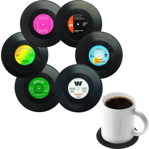 1/4/6 Pcs Retro Coasters Set Vinyl Record Round Disk Coaster Non Slip Record Coffee Cup Mat PVC Drinks Home Decor Coaster